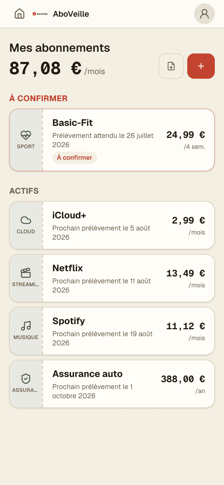 Le tableau de bord d'AboVeille — capture réelle de l'application, données fictives de démonstration